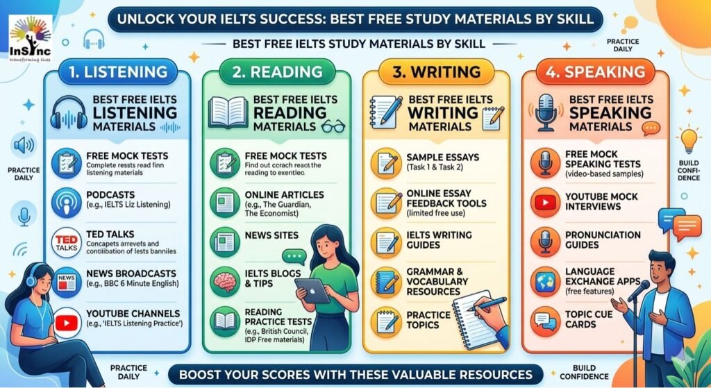 Best Free IELTS Study Materials by Skill — Listening, Reading, Writing, and Speaking