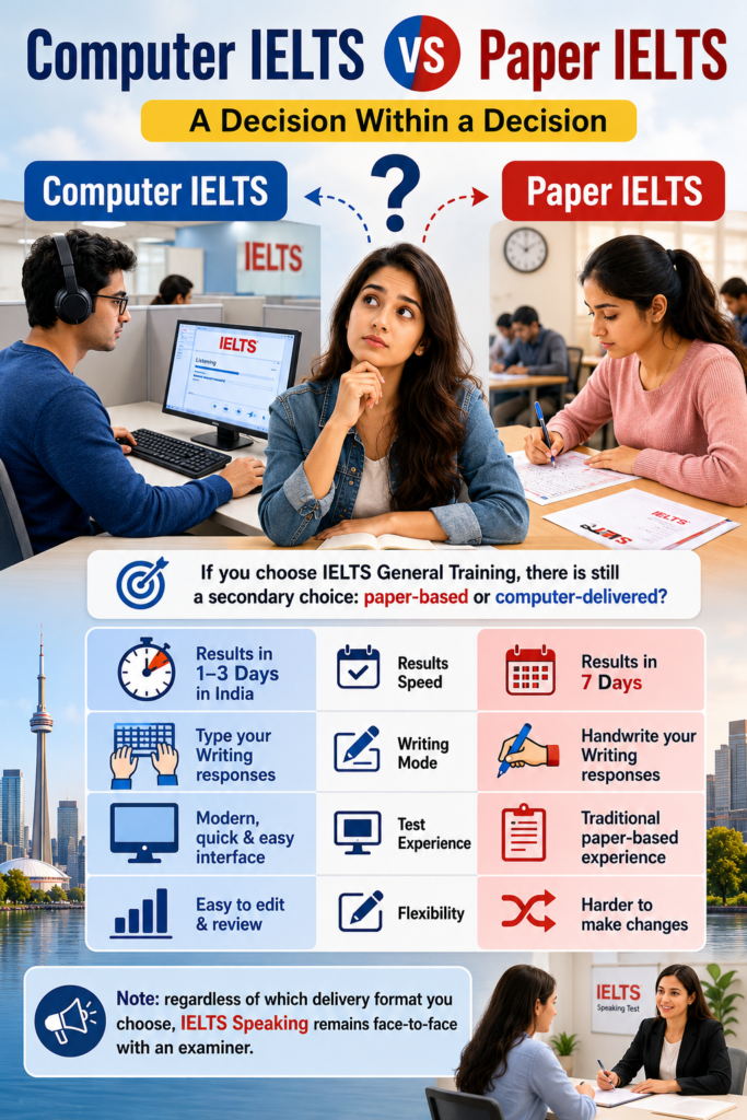Hyperrealistic Computer IELTS vs Paper IELTS infographic showing result times, writing formats, and exam delivery options for Indian IELTS candidates.