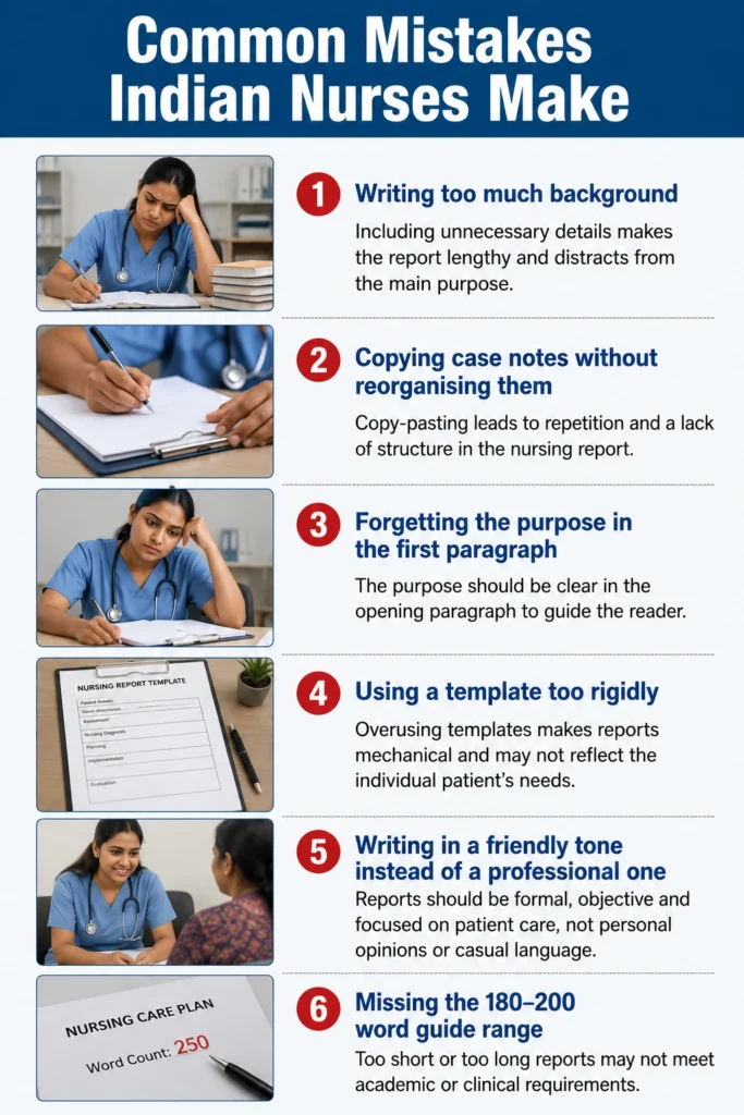 Infographic showing six common report-writing mistakes Indian nurses make.