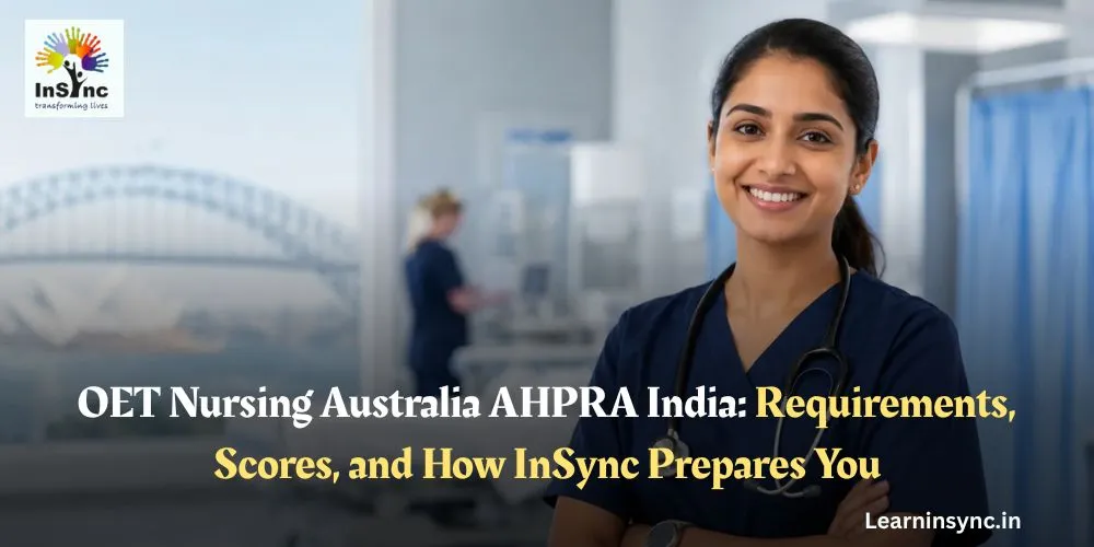 Australian nurse reviewing OET score reports and AHPRA registration documents in a modern hospital environment.