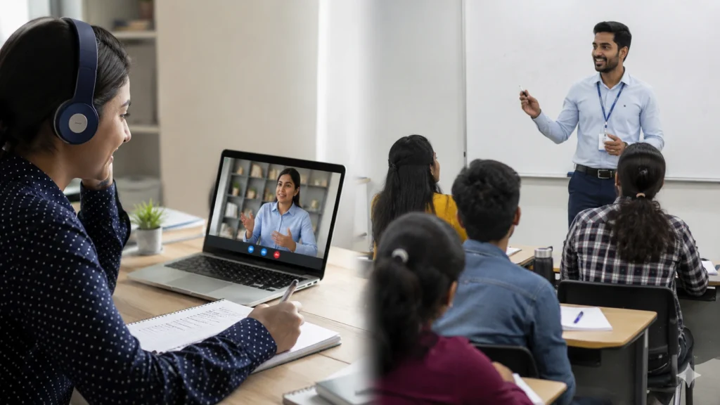 Student attending online IELTS coaching on one side and classroom IELTS coaching on the other, comparing online and offline learning methods for better band scores.