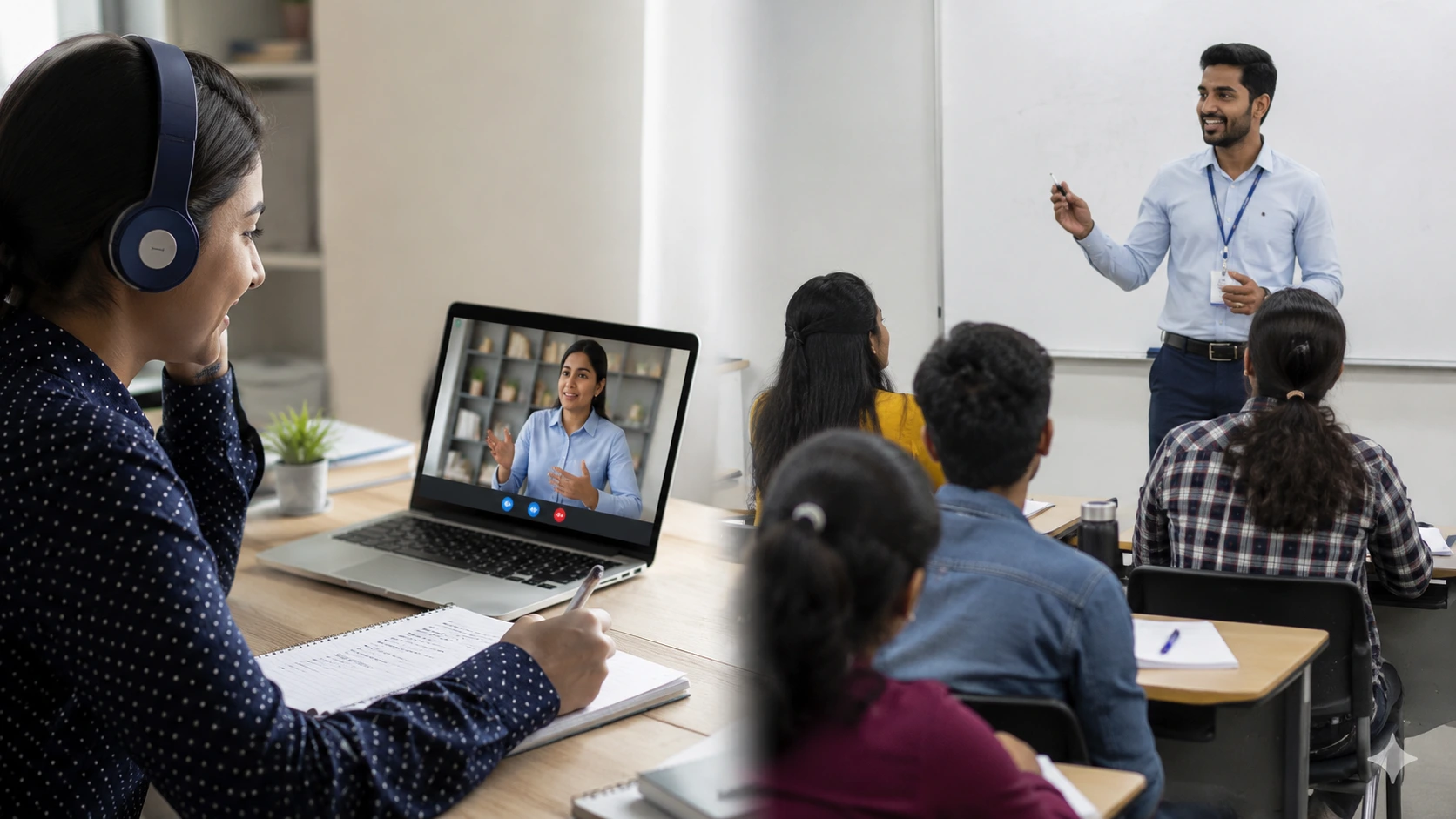 Student attending online IELTS coaching on one side and classroom IELTS coaching on the other, comparing online and offline learning methods for better band scores.